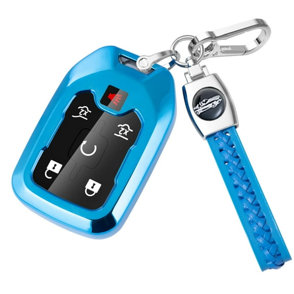 for GMC Key Fob Cover with Leather Keychain, Soft TPU 360 Degree Protection Key Fob Case Compatible with 2017-2021 Silverado Suburban Tahoe Acadia Sierra Terrain Yukon Smart Remote