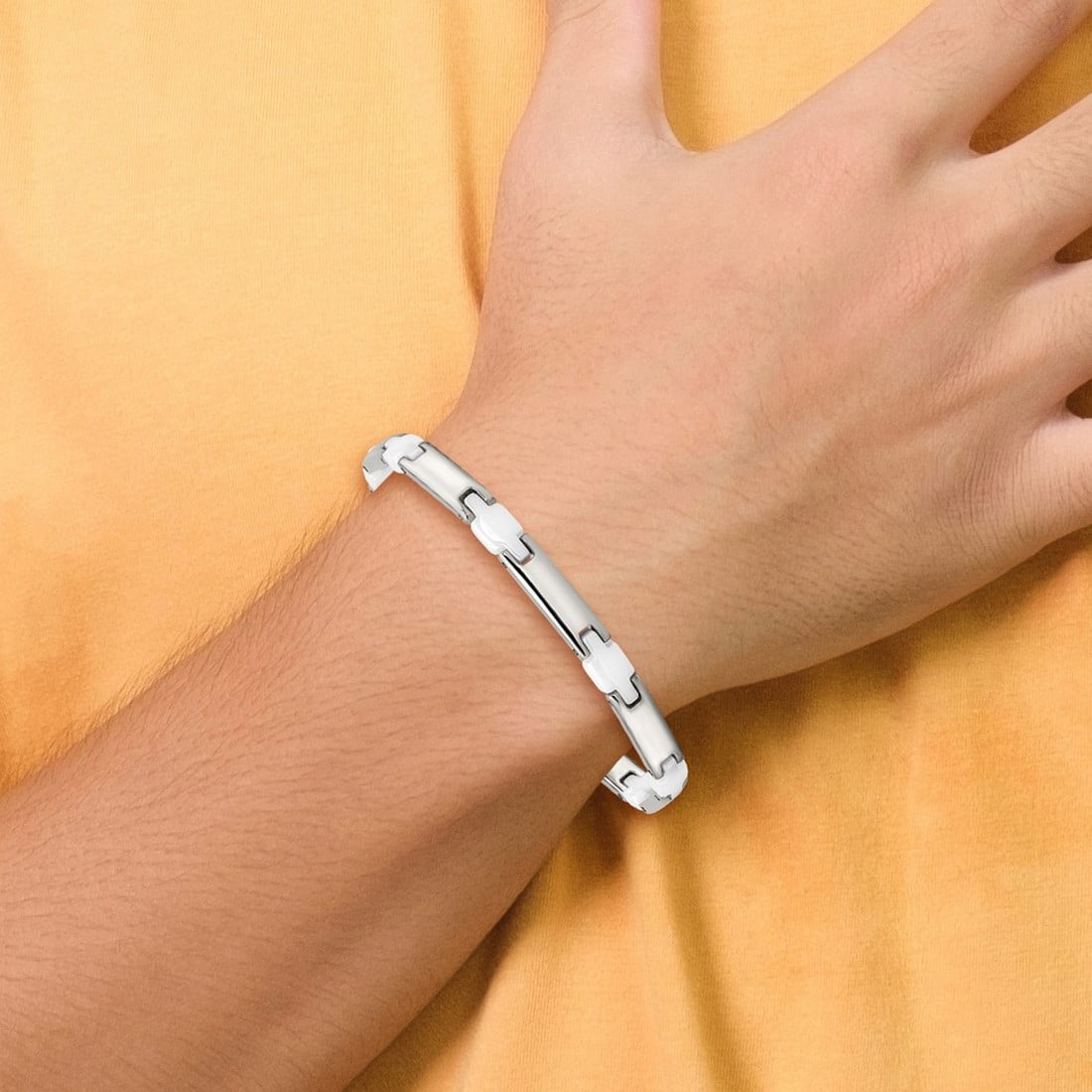 Stainless Steel Polished Fold-over and White Ceramic 7.5inch Bracelet 5mm Wide Link Bracelet for Women