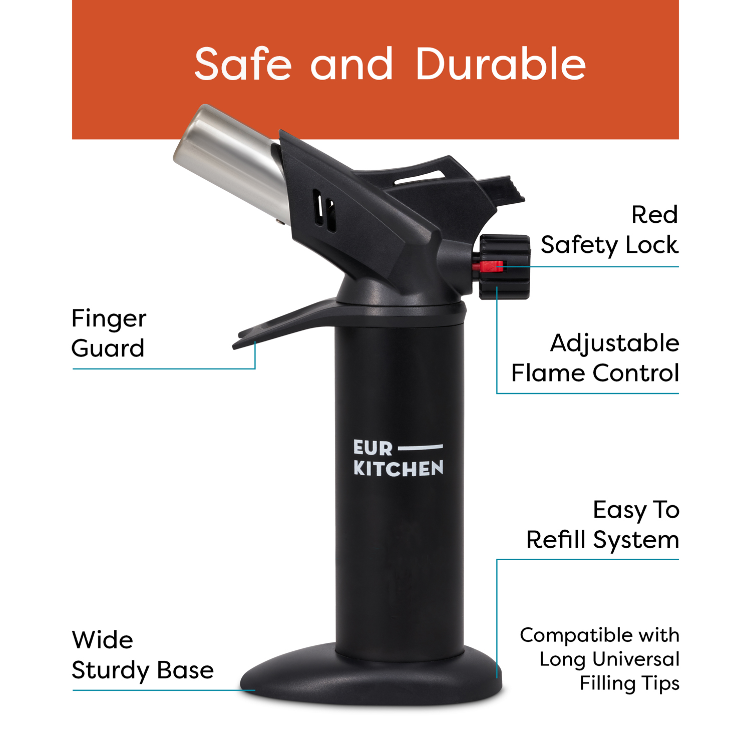 EurKitchen - Large Culinary Butane Torch with Safety Lock, Adjustable Flame & More - Black - image 2 of 6