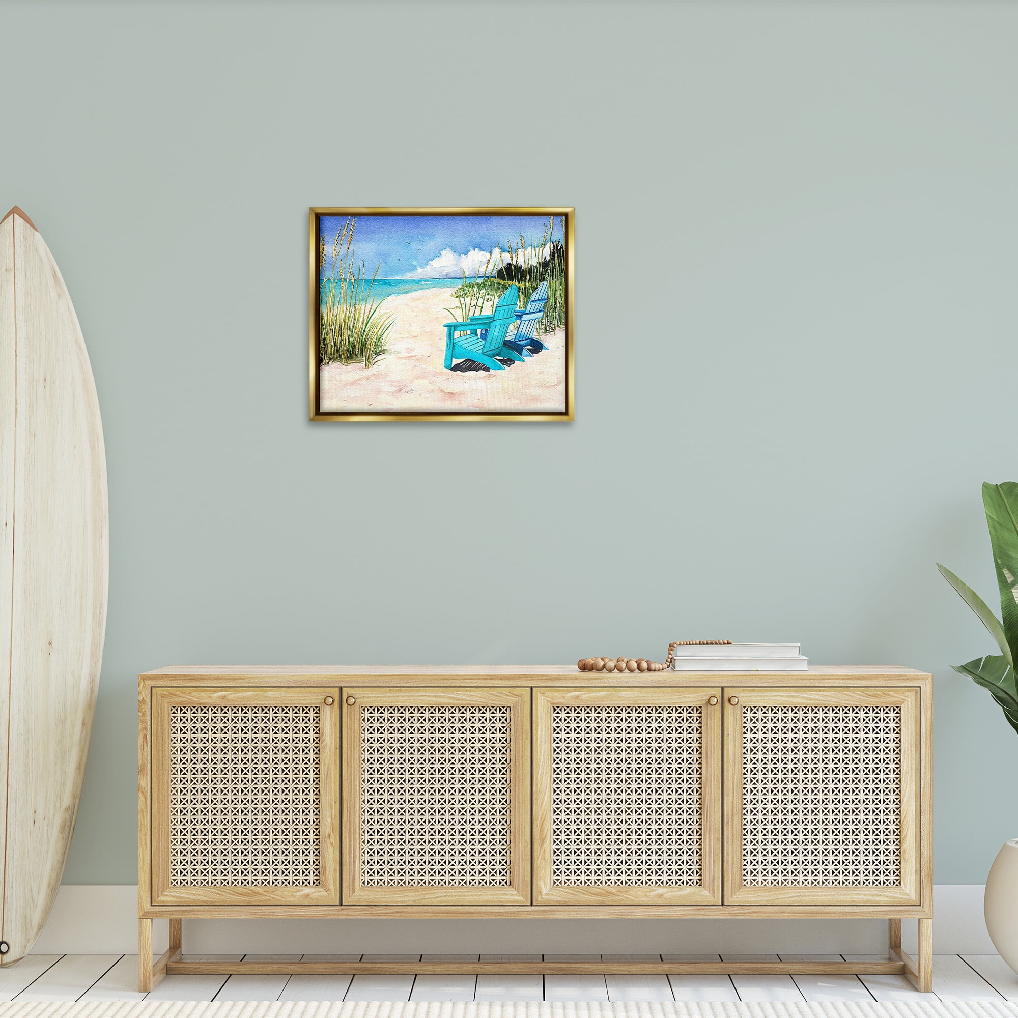 Stupell Industries Blue Beach Chairs Scene Landscape Painting Gold Floater Framed Canvas Art Print Wall Art, 31 x 25