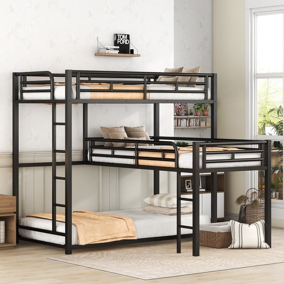 DRNANLIT L-Shaped Metal Triple Twin Size Bunk Bed, Black with Guardrails & Integrated Ladder