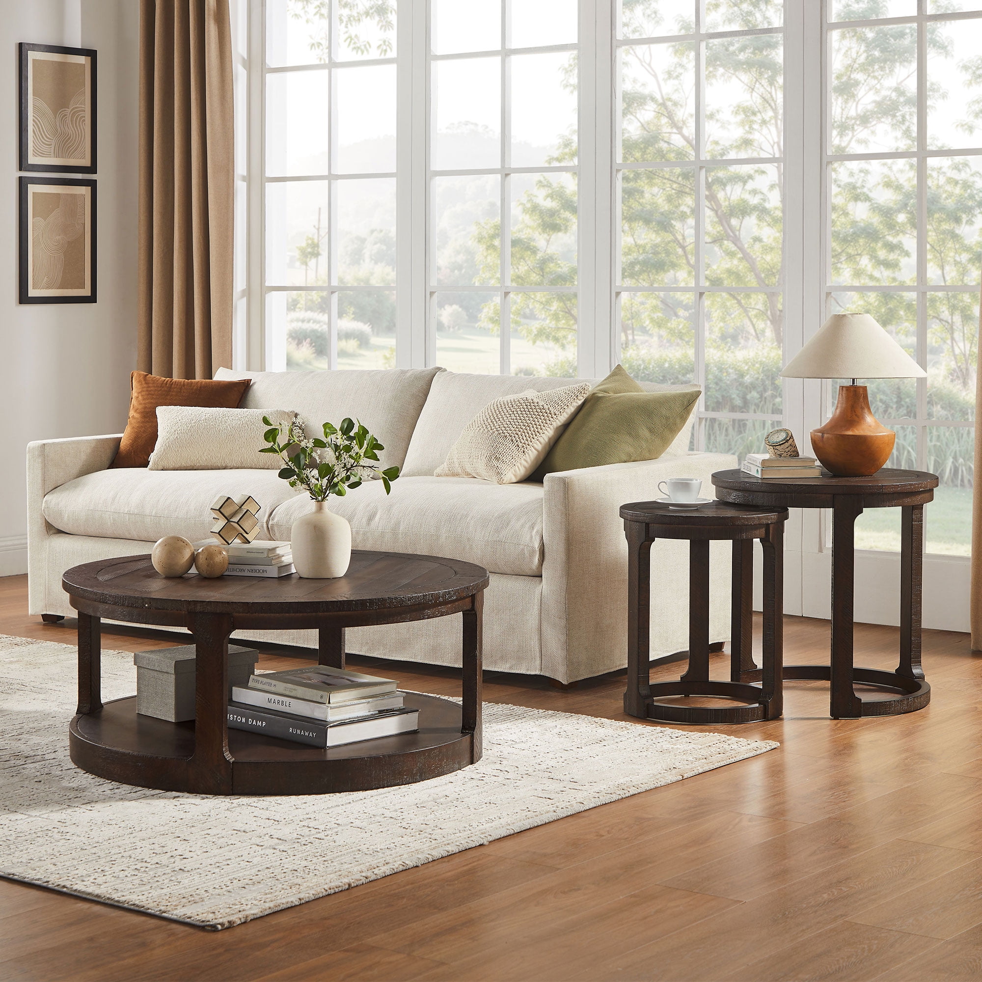 24 Inch Curved Round Coffee Table Set, Mid Century Rustic Style Nesting Side Tables with Staggered Height, Solid Wood and MDF Construction, Dark Brown Finish