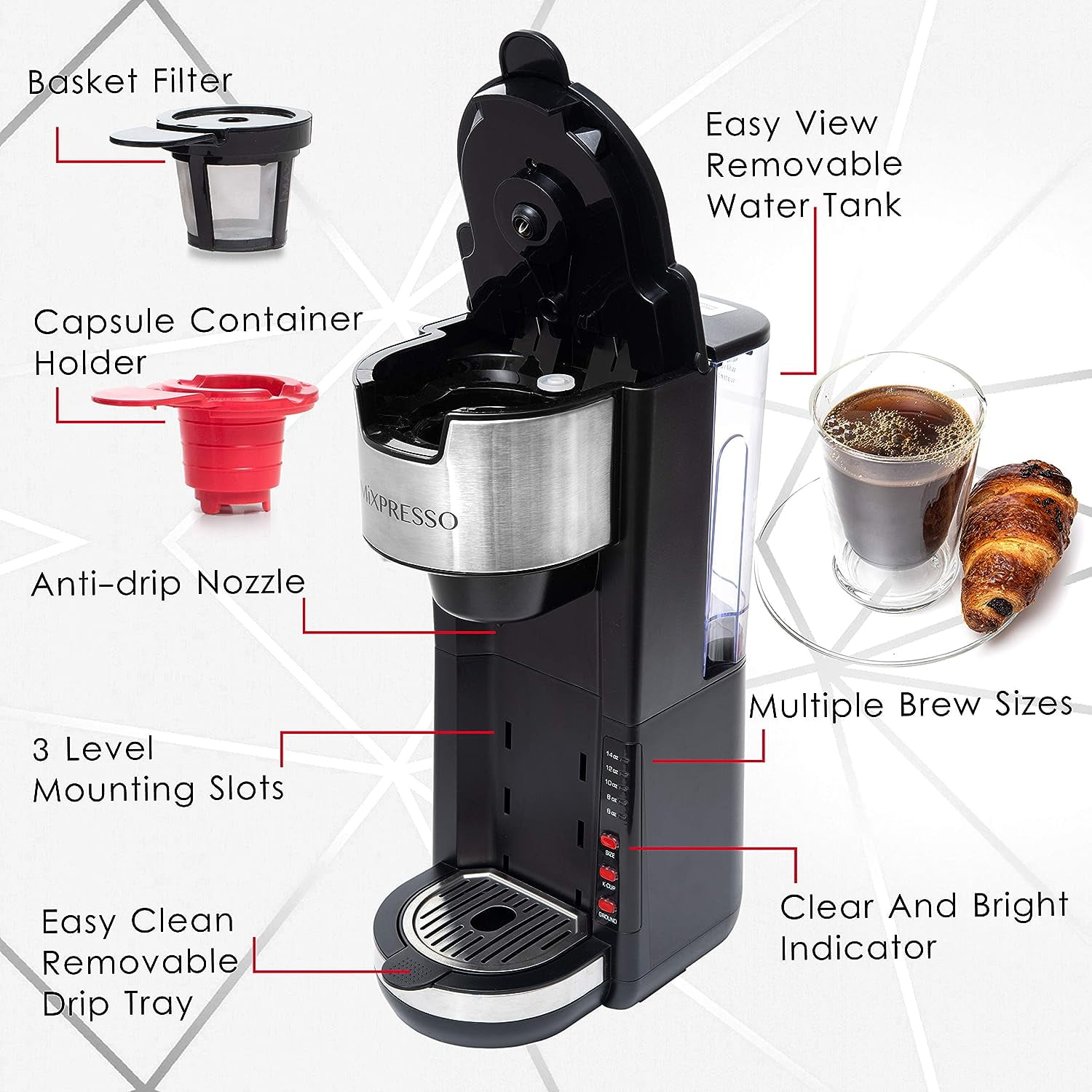Mixpresso Single Serve 2 in 1 Coffee Brewer K-Cup Pods Compatible & Ground Coffee,Compact Coffee Maker Single Serve With 30 oz Detachable Reservoir, 5 Brew Size and Adjustable Drip Tray (Black)