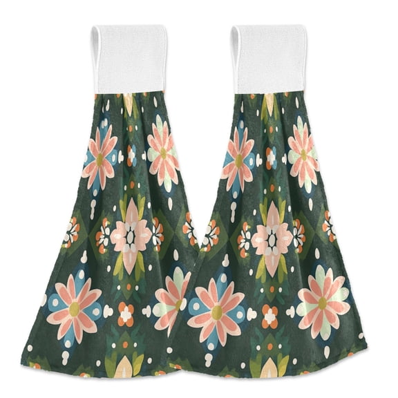 Yayeee Kitchen Hanging Hand Towels Set of 2 with Loop Bathroom Absorbent Tie Towel, Pink Geometric Flowers