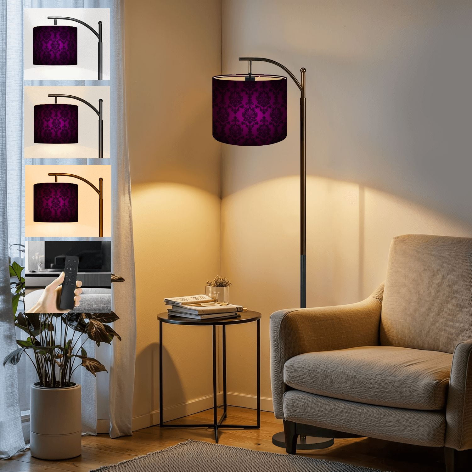 Arc Floor Lamp Royal vintage Gothic dark purple black Royal Tall Modern Standing Lamp LED Adjustable Linen Lampshade 3 Color Temperatures