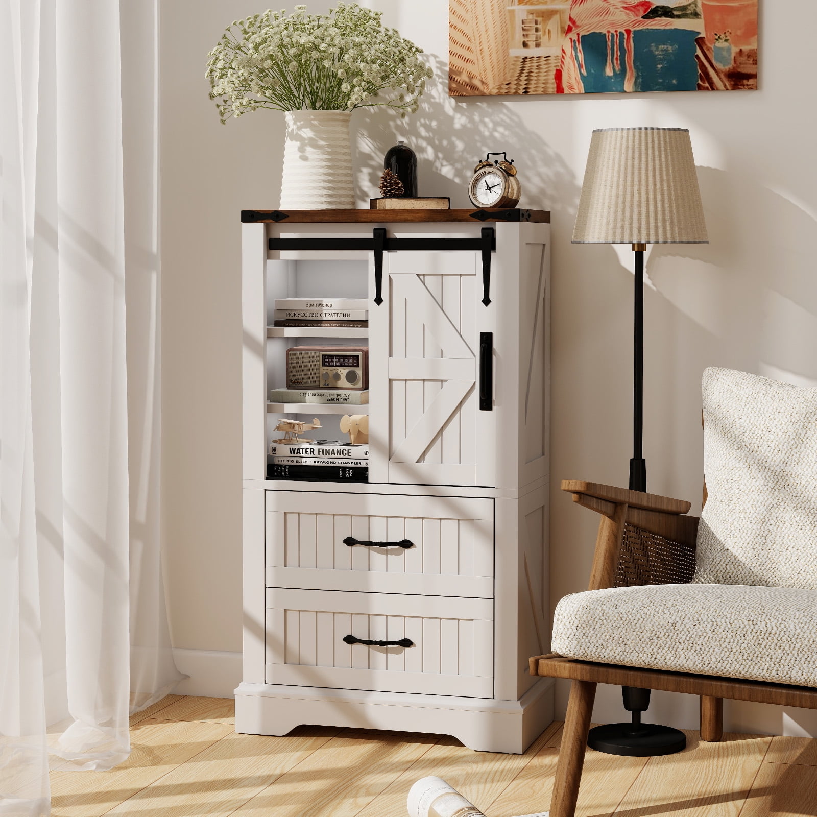 Gymax Farmhouse Bathroom Floor Cabinet w/Sliding Door Adjustable Shelves & 2 Drawers