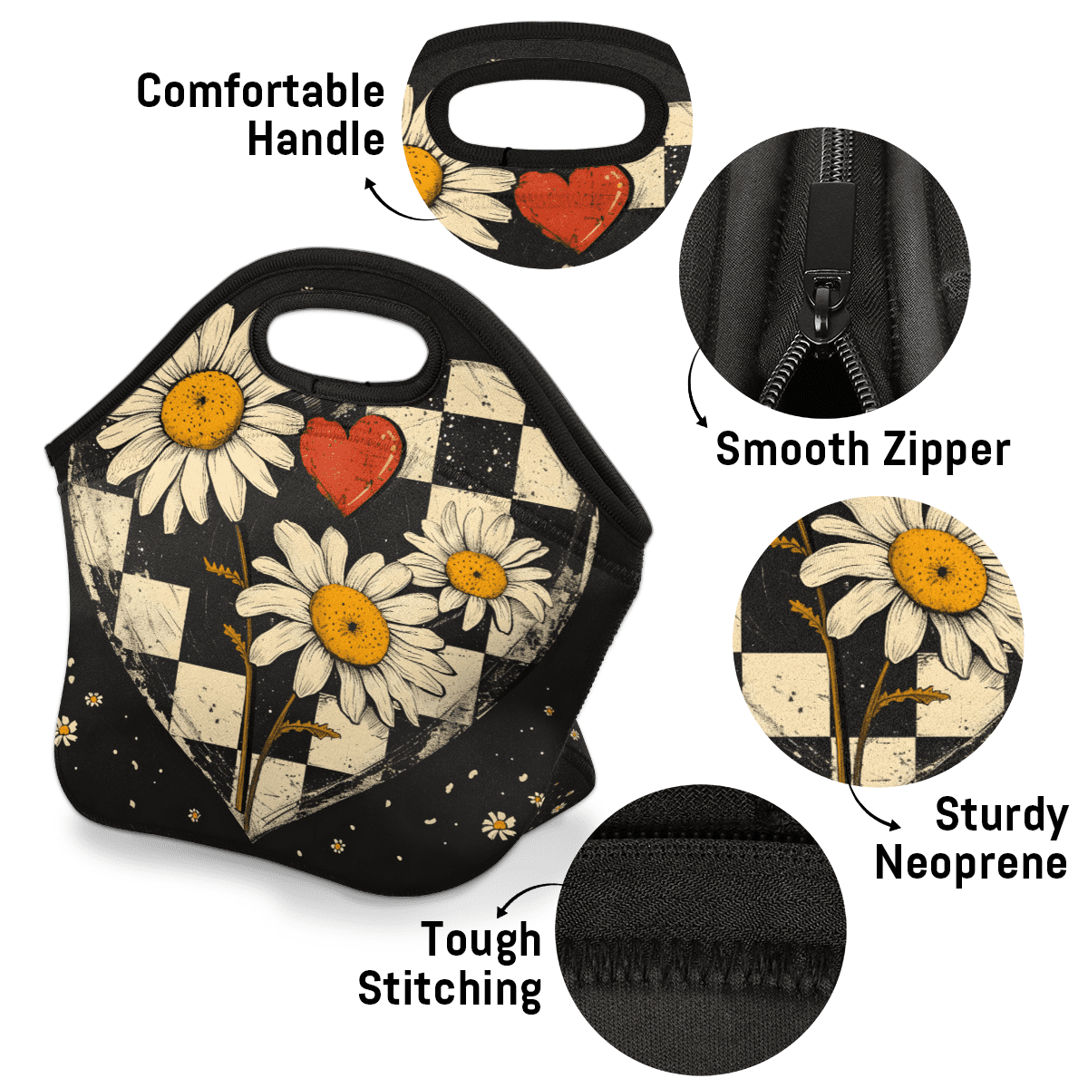 Herdesigns Daisy Floral Neoprene Lunch Bag, Modern Insulated Lunch Box for Women Men Washable Lunch Tote Soft Lunch Container With Zipper for Work Picnic Travel