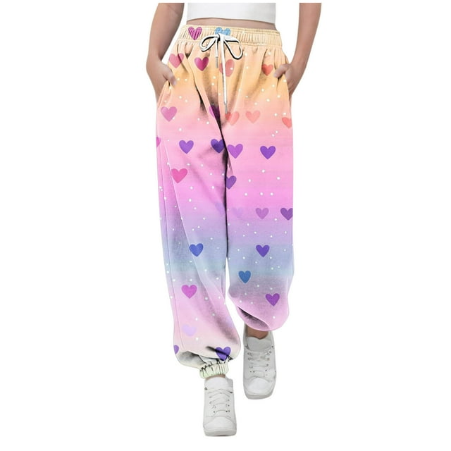 Pantalones largos para niños y niñas con estampado de cintura elástica y cordón con bolsillo, pantalones largos de cintura alta, pantalones de algodón para niña