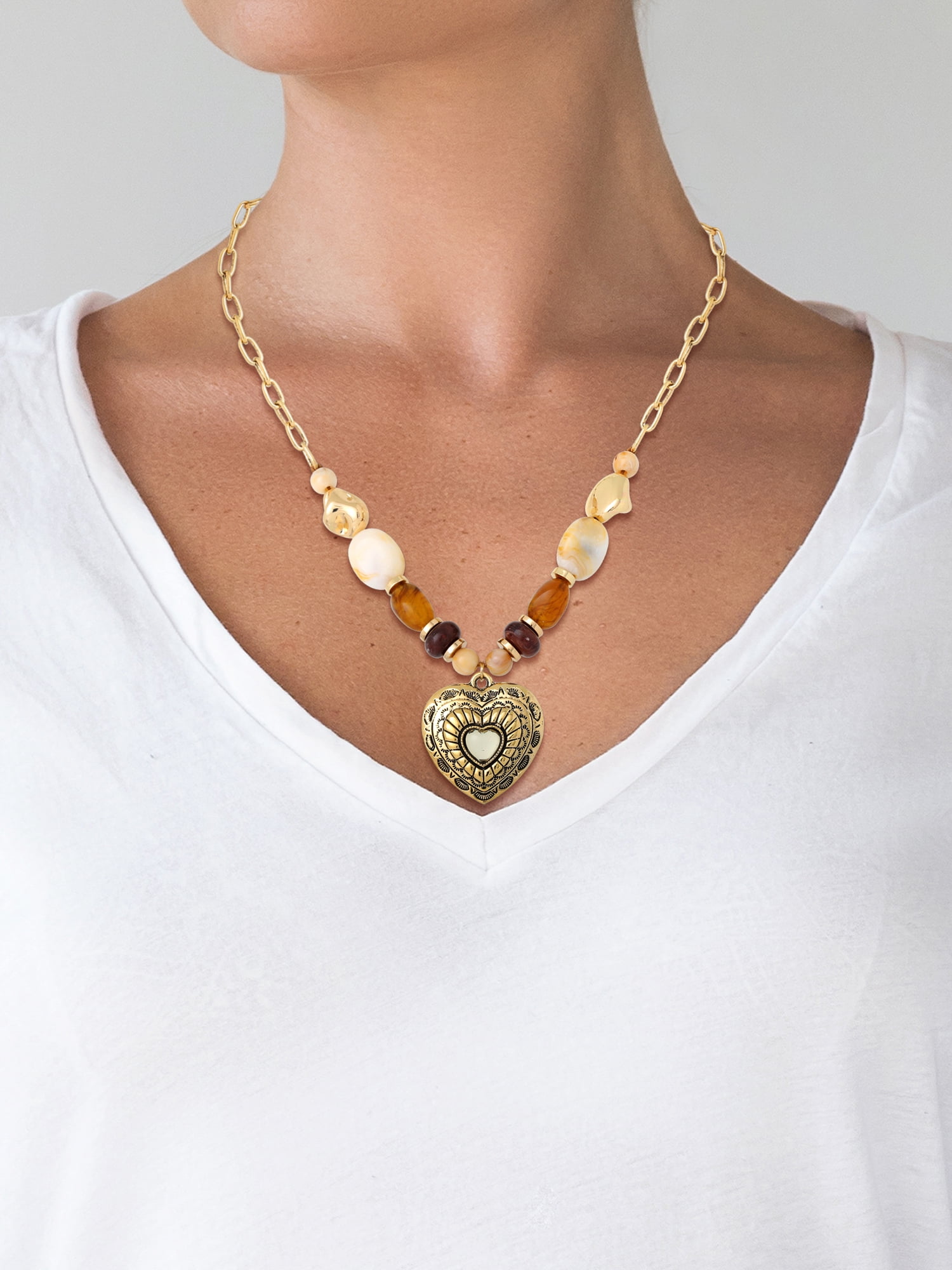 Jessica Simpson Women's Gold-Tone Multi Bead Heart Necklace