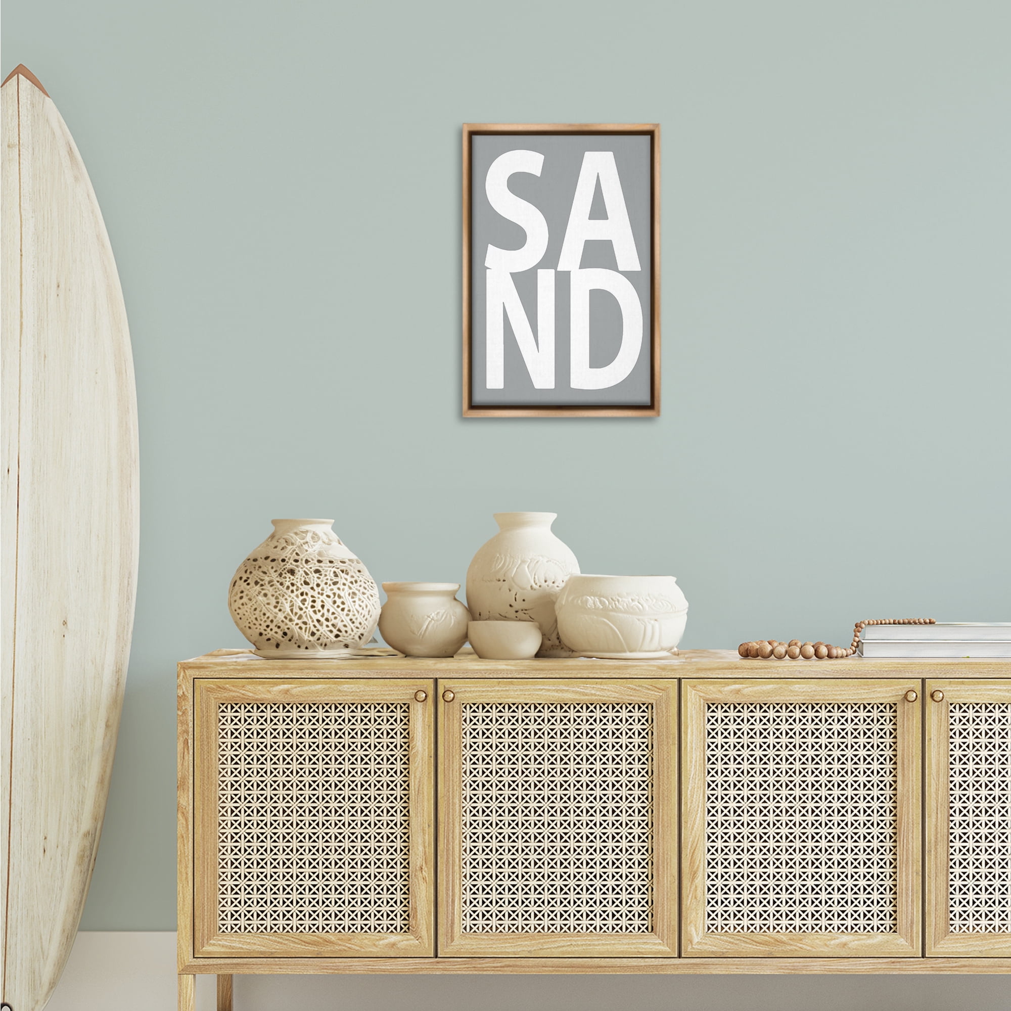 Stupell Industries Sand Word on Grey Typography Painting Brown Floater Framed Art Print Wall Art, 17 x 25