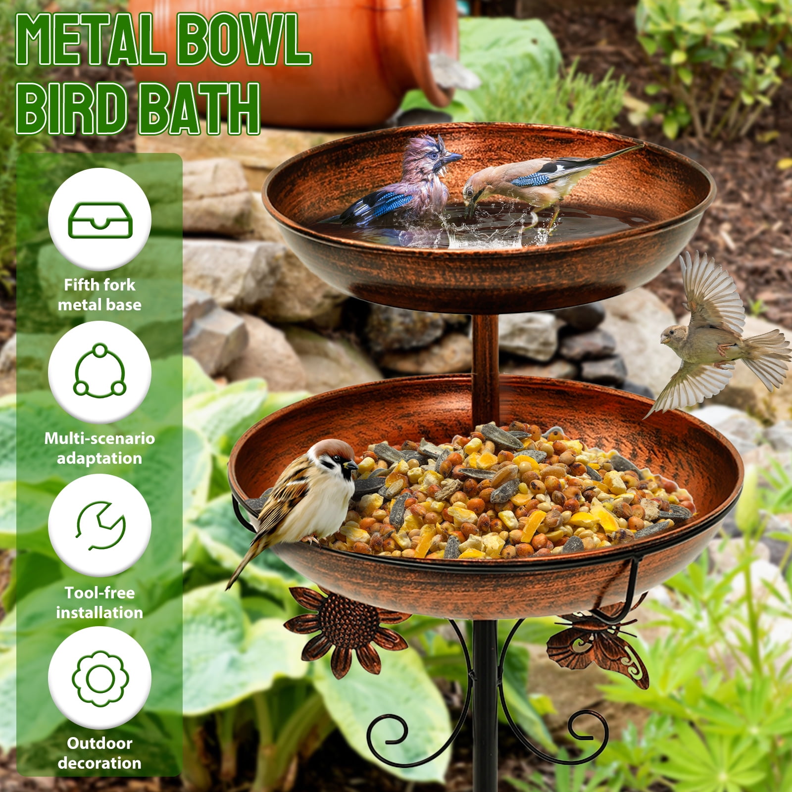 Iron Feeding Bird Bath Spike With 5 Pronged Base Decorative Rust Resistant Bird Feeder Standing Bath for Outdoor Garden Patio Yard Lawn