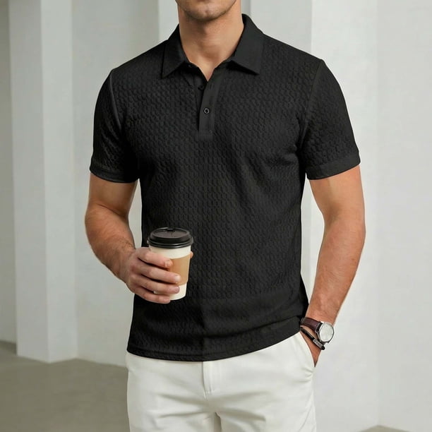 Ceisia Men's Casual Textured Solid Color Polo Shirt Short Sleeve Loose Fit Button Down Collar Top Gift