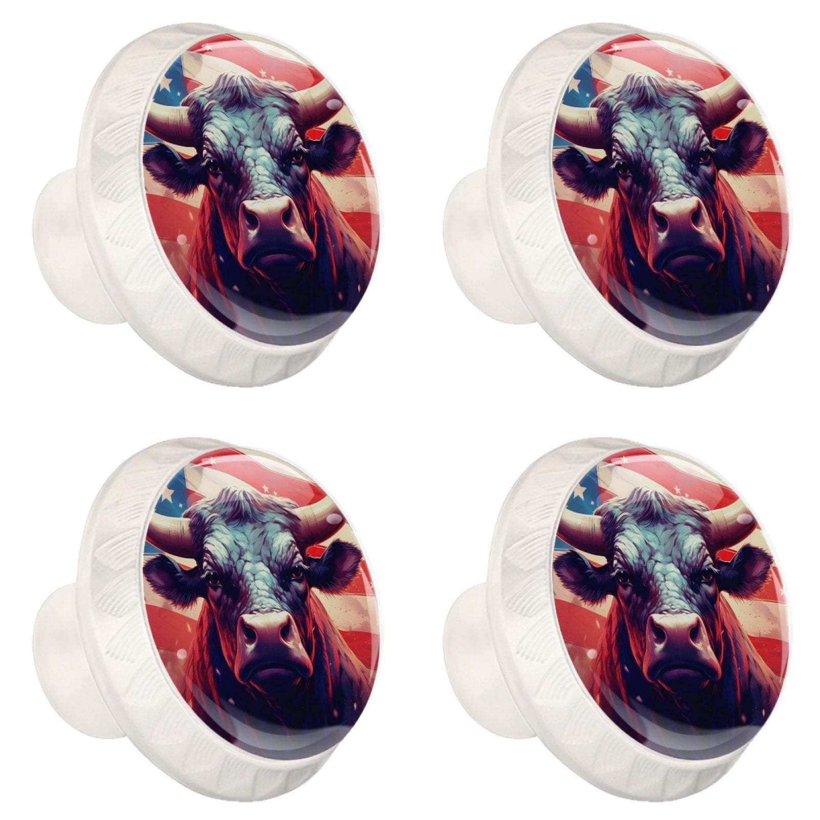 4 Pcs Cow American Flag Knobs for Kitchen Cabinet Cupboard Dresser Bookcase Drawer Pulls Handles Round Home Decor