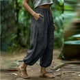 thumbnail image 4 of HongQid Women's Linen Blend Harem Pants, High Waist Drawstring Cropped Trousers with Pockets, Lightweight Breathable Casual Bottoms for Summer Yoga, Beach & Daily Wear, 4 of 5