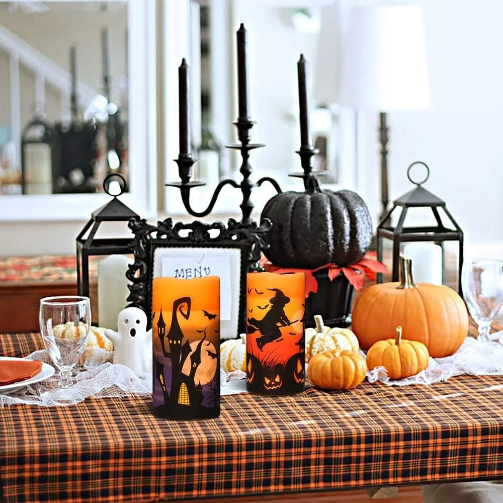 Behome LED Flameless Halloween Candles with Remote and Timer, Battery Operated, Real Wax Flickering Pillar Candles, Flat Wick & Dimmable Light, Castle Witch Bats Holiday Decor(3 Pack, 3 x 6 Inches)