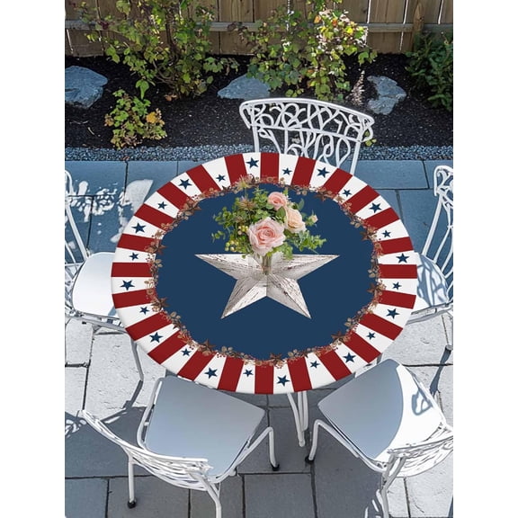 July 4th Round Fitted Tablecloth with Elastic Edge-Western Star on Blue Table Cloth for 36"-44" Circle Tables,Waterproof Oil-Proof Table Cover for Outdoor Picnic Party Events,USA Flag Red White Stripe