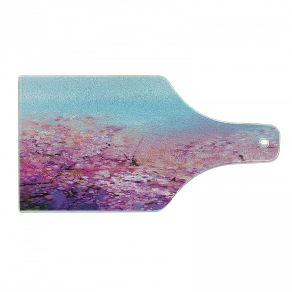 Flower Cutting Board, Sakura Blossom Floral Beauty with Sky Japanese Inspired Cherry Spring Theme, Tempered Glass Cutting and Serving Board, Wine Bottle Shape, Purple Pale Blue, by Ambesonne