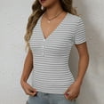 thumbnail image 2 of UYISJ Womens Summer Tops Short Sleeve V Neck Button T Shirts Striped Print Ribbed Knit Casual Basic Slim Fit Tee Daily Wear L, 2 of 8
