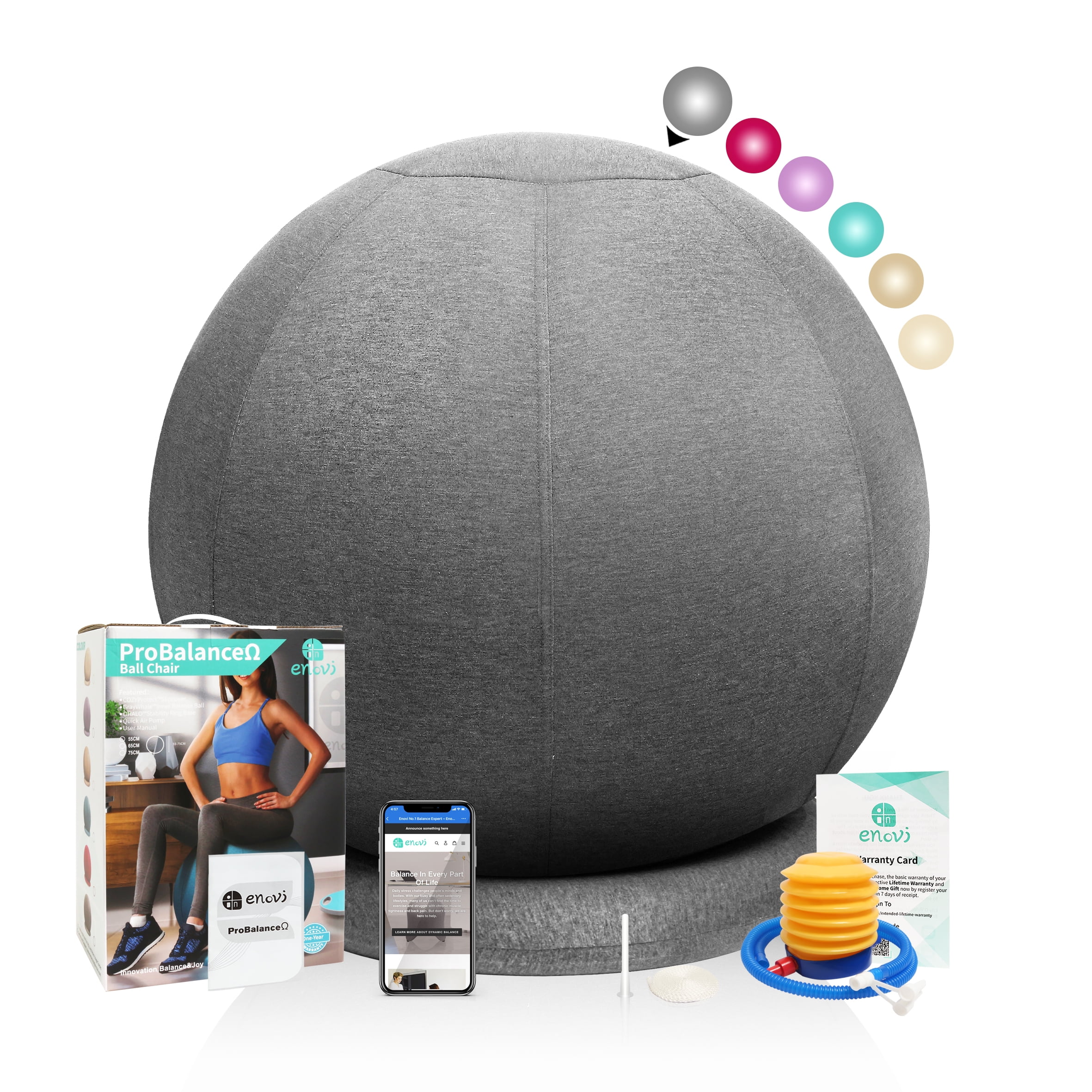 Enovi Lite Ball Chair, Yoga Ball Exercise Ball with Slipcover for Home Office Desk, Stability Ball & Balance Ball Seat to Relieve Back Pain, 65cm, FG