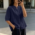 thumbnail image 5 of Uootdi Linen Tops for Women Mandarin Collar Half Sleeve Floral Embroidered Stripe Womens Tops Relaxed Fit Lightweight Womens Shirts for Women, 5 of 6