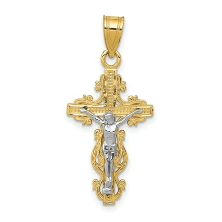 - 14k Yellow Gold Two Tone Small Narrow Cross Religious Crucifix Pendant Charm Necklace Fleur De Lis Gifts For Women For Her
