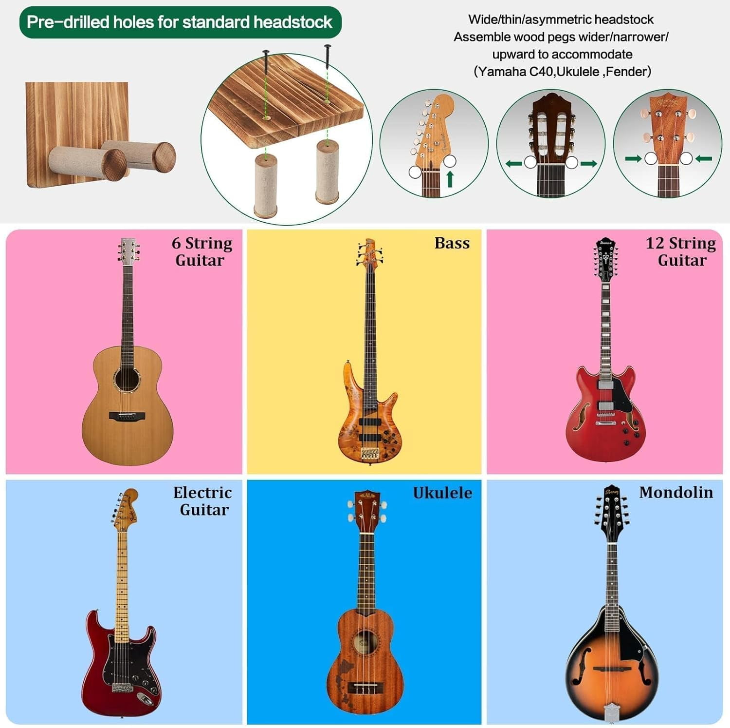SONGAUN Guitar Wall Mount with Shelf,2Pack Wooden Guitar Holder Hanger Hook Multifunctional Rack Bracket Stand Easy Install for Electric Guitar Bass Acoustic Ukulele Violin Mandolin