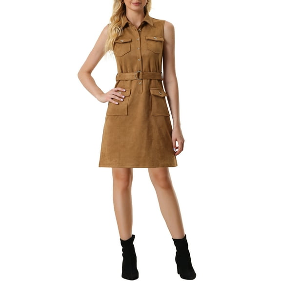INSPIRE CHIC Women's Faux Suede Dress Turn Down Collar Tie Waist Sleeveless Button Down Mini Dress Brown XS