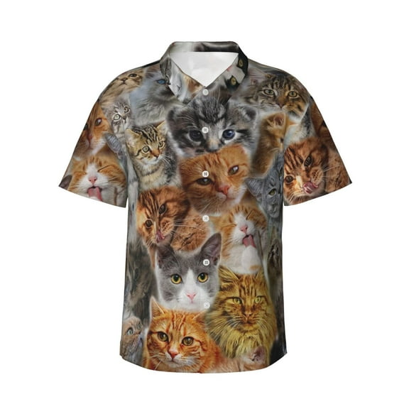 Cute Cats Hawaiian Shirts For Men, Summer Short-Sleeve Relaxed-Fit Button-Down Shirts X-Large