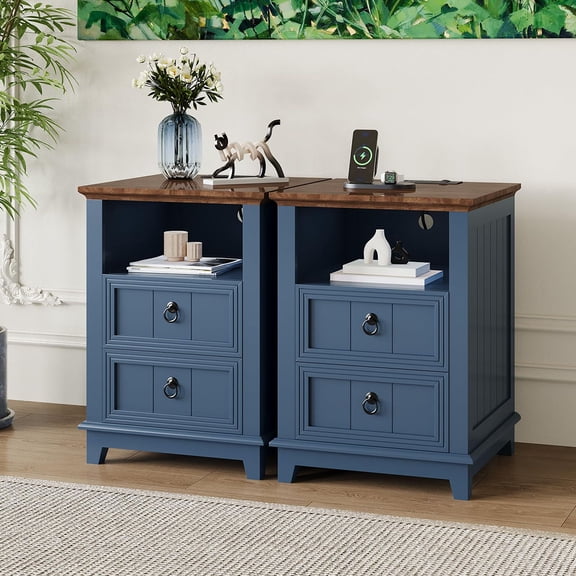 Danolapsi Nightstand with Charging Station, Blue Wooden End Table Modern Farmhouse Bed Side Table with 2 Drawers and Open Shelf for Bedroom Living Room