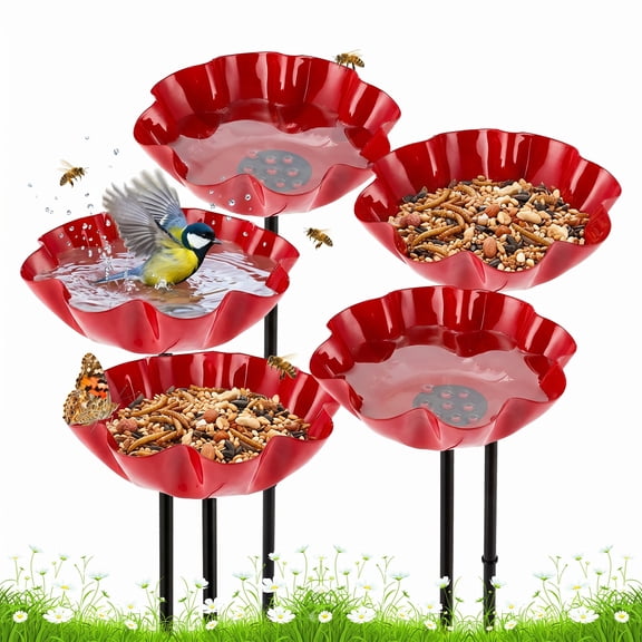 5-Pack Metal Flower Garden Stakes, Decorative Bird Bath Set with Bee Watering Stations, Rust-Proof Outdoor Yard Art Stakes for Garden, Lawn, Patio, and Flower Bed Decor