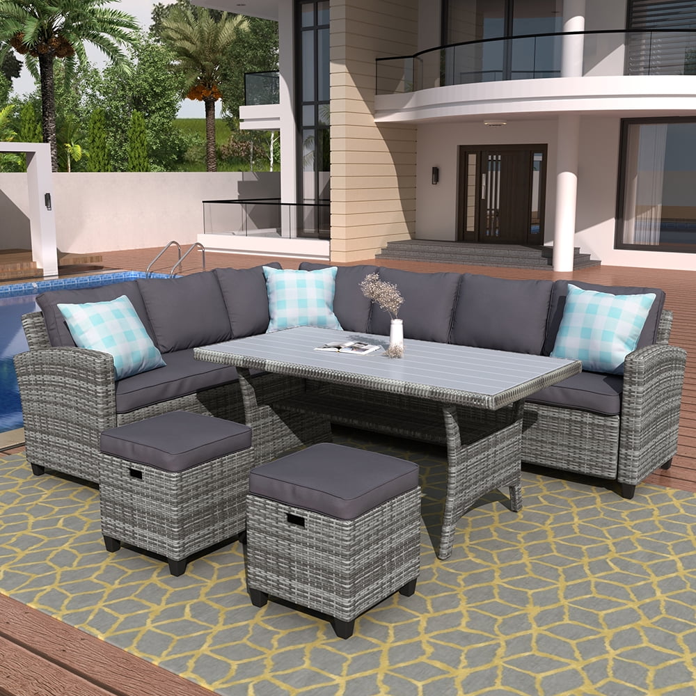 Veryke 5 Piece Patio Dining Table Sets, Outdoor Wicker Sectional