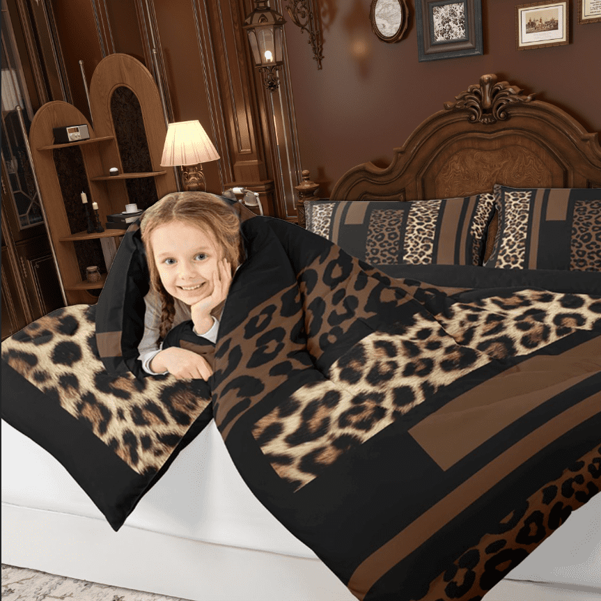 Feelyou Leopard Cheetah Print Queen Comforter Set, Modern Fashion Brown Bedding Sets, Teens Adult Women Men Reversible Bedding Comforter Set, Microfiber Bedroom Decor, 3pcs