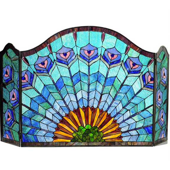 CHLOE Lighting REGAL EUDORA Tiffany-glass 3pcs Folding Peacock Fireplace Screen 48" Wide
