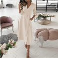 thumbnail image 4 of Women V Neck Lapel Dress Seven Part Sleeve Belt Dress Spring Elegant Casual Work Wear, 4 of 5