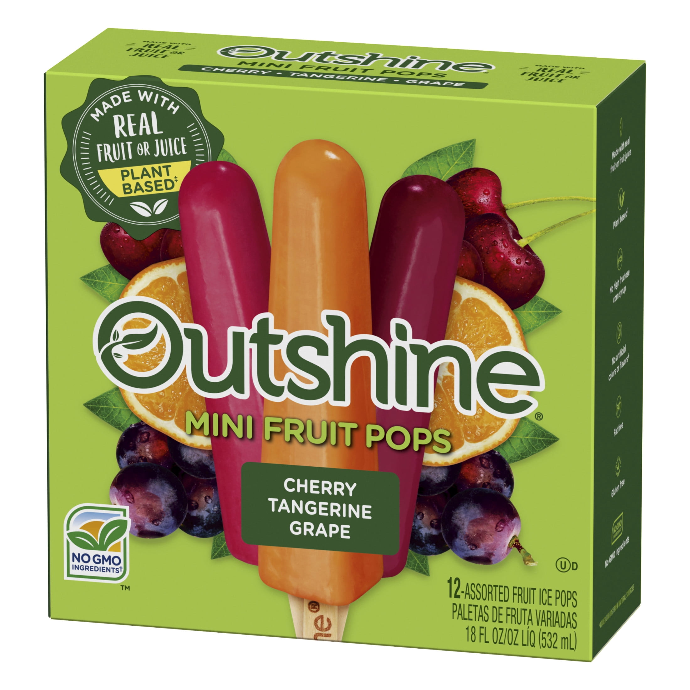 Outshine Cherry, Tangerine, and Grape Frozen Mini Fruit Pops,Variety Pack, Non-GMO, 12 Count
