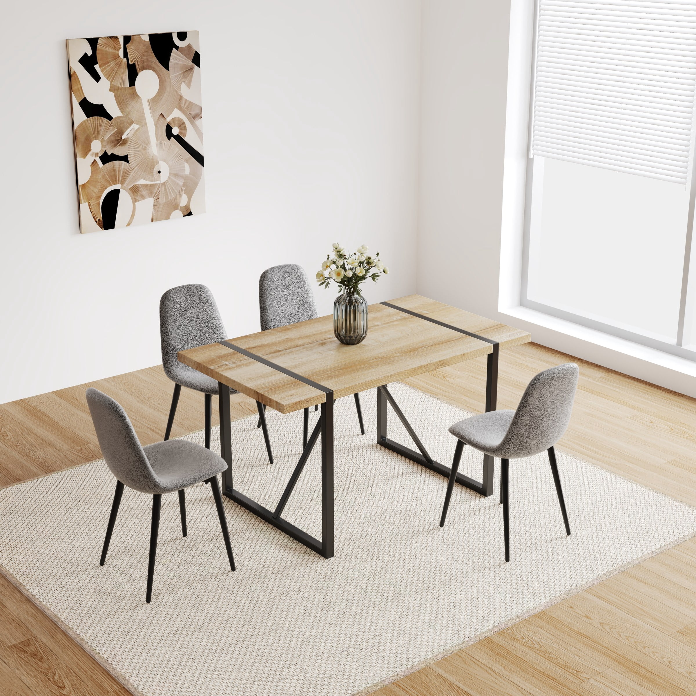 55" Dining Table For 4-6 Person, With 1.5" Thick Engineered Wood Tabletop and Black Metal Legs