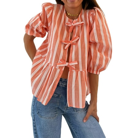 Women Puff Short Sleeve Babydoll Peplum Tops Y2k Tie Front Ruffle Hem Blouse Cute Retro Vintage Lace Up Shirt