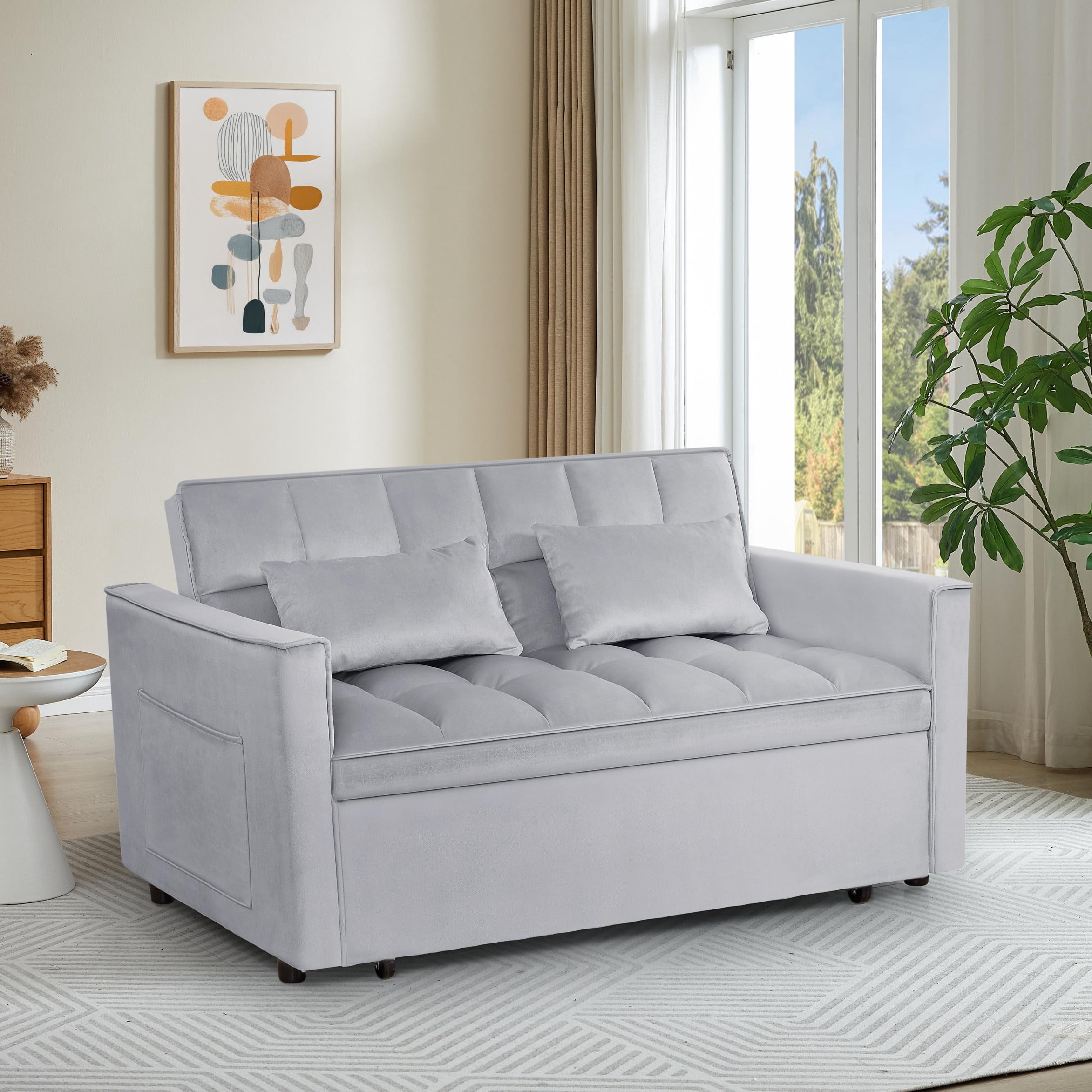 BSHTI 54" Pull-Out Sleeper Sofa Bed – Twin Size with 3 in 1 Convertible Sofa Bed, with Adjustable Backrest, Velvet Upholstery, Side Pocket Storage, Easy Assembly,Light Grey