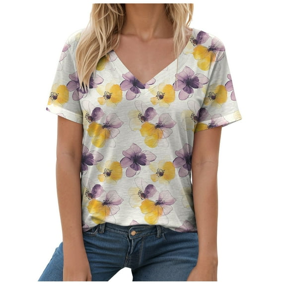 Pimfylm Womens Summer Tops 2025 V Neck Short Sleeve Shirts Trendy Dressy Casual Vacation Outfits Printed Yellow, XXL