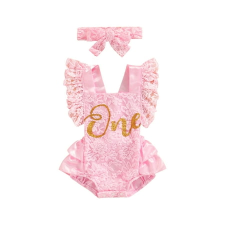 

Frobukio Infant Baby Girls Casual Romper Sleeveless Backless Letter Printed Floral Lace Ruffled Patchwork Bodysuit Pink 9-12 Months
