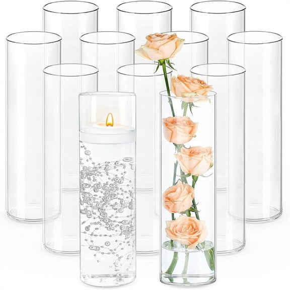 12Pcs Glass Cylinder Vases 12 Inch Tall Clear Flower Vases for Centerpieces Wedding Dration, Hurricane Floating Candle Holder for Party Table Home Dr