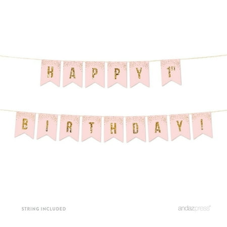 First Birthday Banners - 1st Birthday, Pink Gold Glitter 1st Birthday Party Pennant Banner
