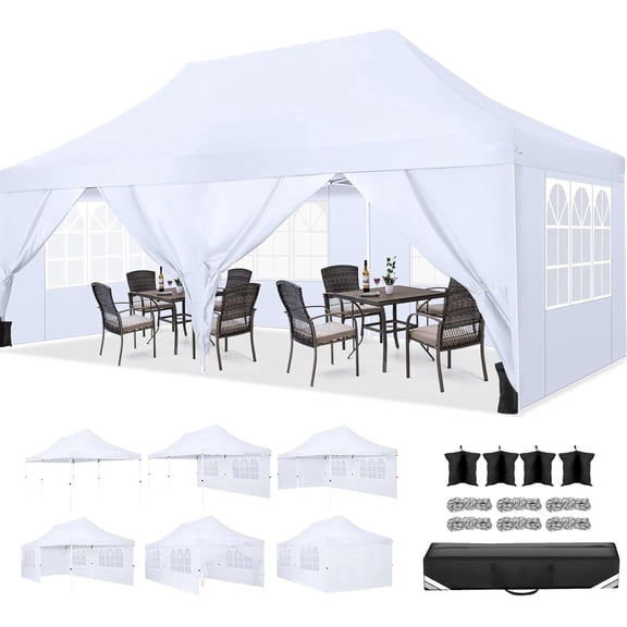 10'x20' Ez Pop up Canopy Party Tent with 6 Privacy Sidewalls, Portable Instant Commercial Canopy, Waterproof Tent for Wedding All Season Tent for Market with Carry Bag, 4 Sandbags, Black