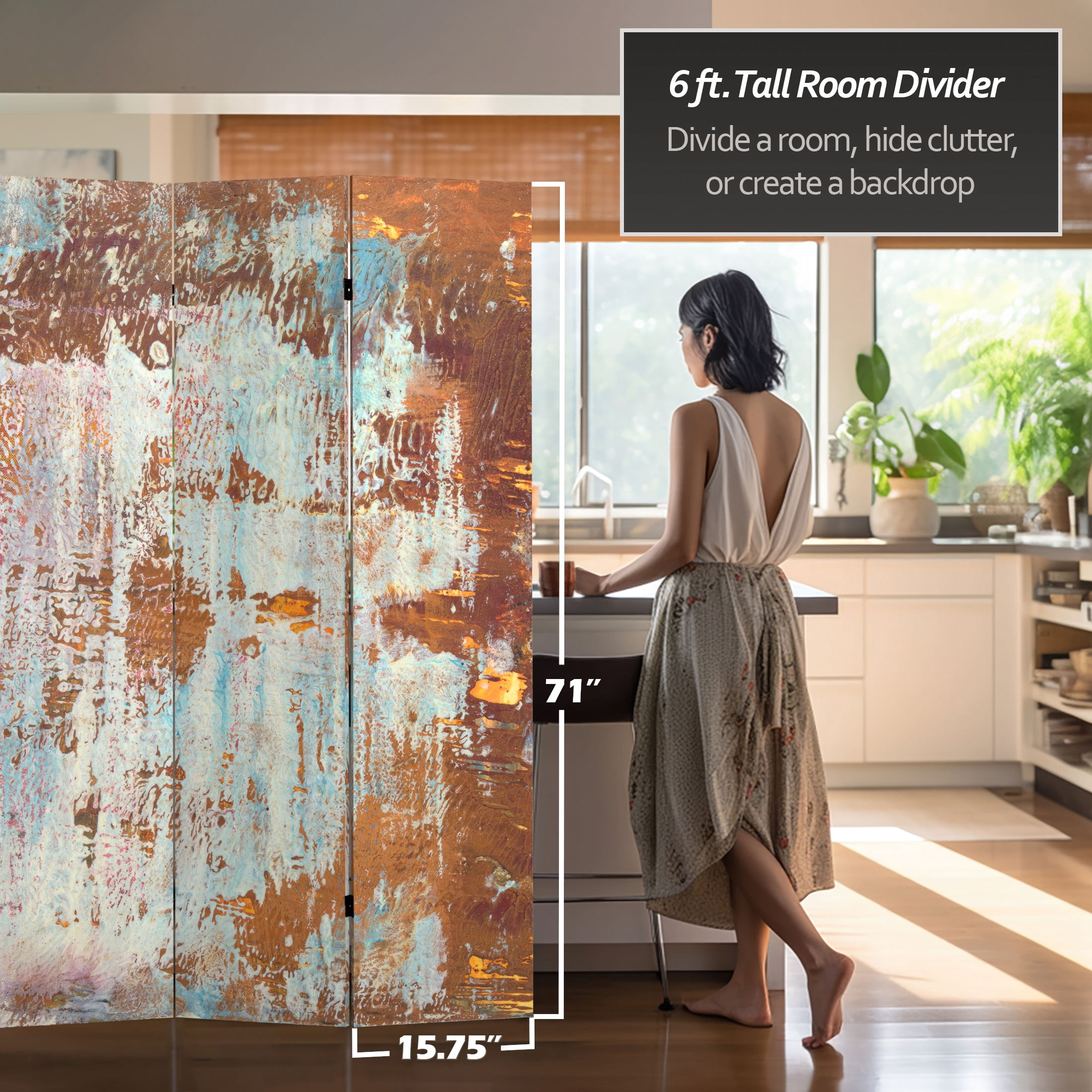Oriental Furniture 6 ft. Tall Rust Canvas Room Divider - 3 Panel