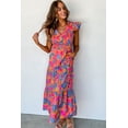 thumbnail image 4 of Women's Rose Red Boho Floral V Neck Ruffle Tiered Long Dress, 4 of 8