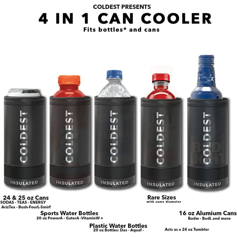 COLDEST 4 in 1 Bottle Cooler Can 24 oz Tumbler in 1 - Bottle Cooler Beer,  Soda, Energy Drink, Water, Vacuum Insulated Stainless Steel Cooler for 20  oz, 24 oz, 25 oz 