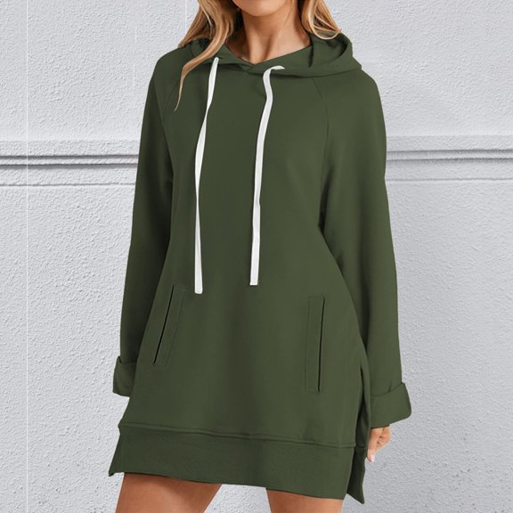 Guieoi Plus Size Jackets Women's Fashion Solid Hoodie Long Sleeve Drawstring Blouse Round Neck Casual Tops Hooded Sweatshirts Long Green