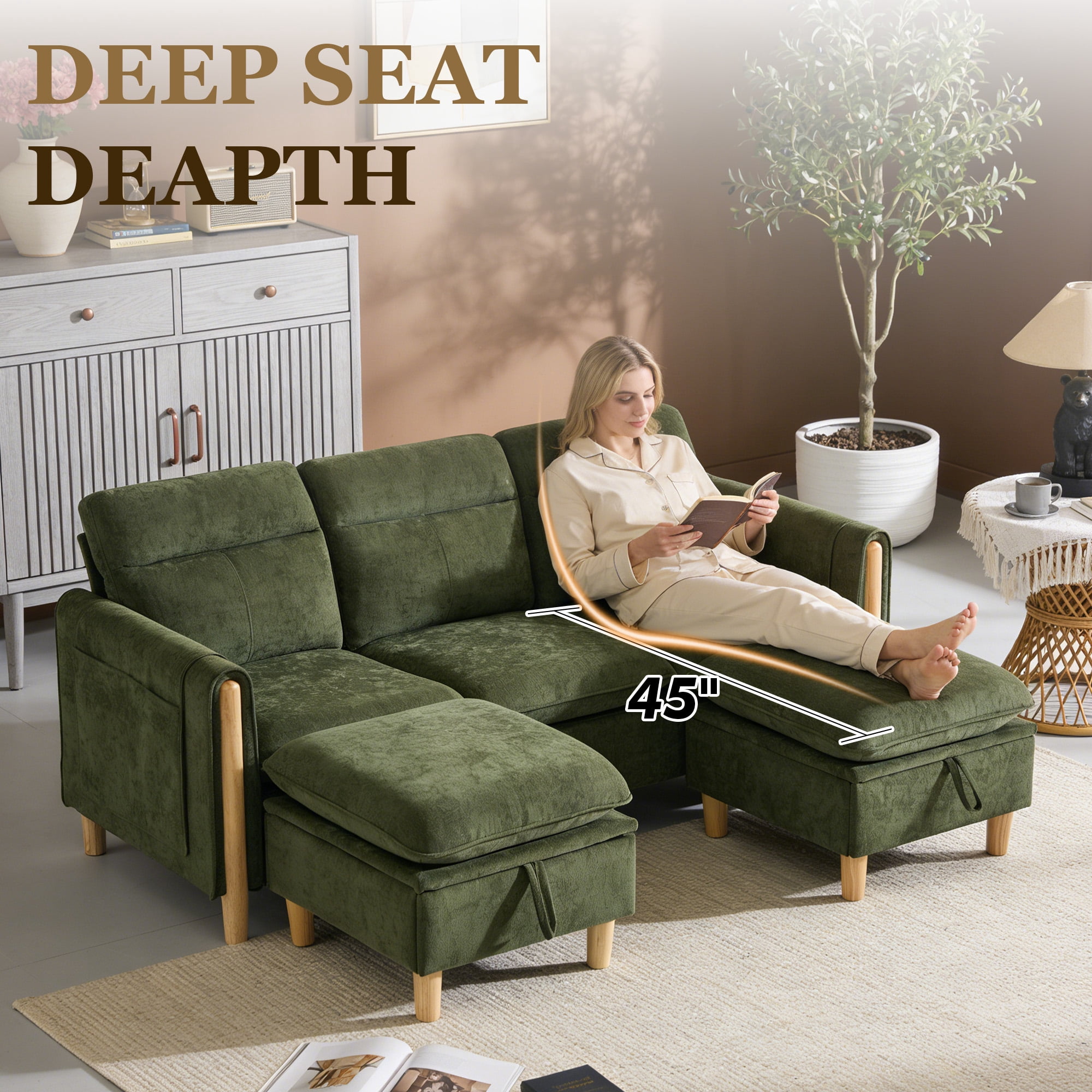 MOONMISS 3-Seater Chenille Sectional Sofa with 2 Storage Ottoman & Side Pocket Convertible Chaise Lounge for Living Room,Olive