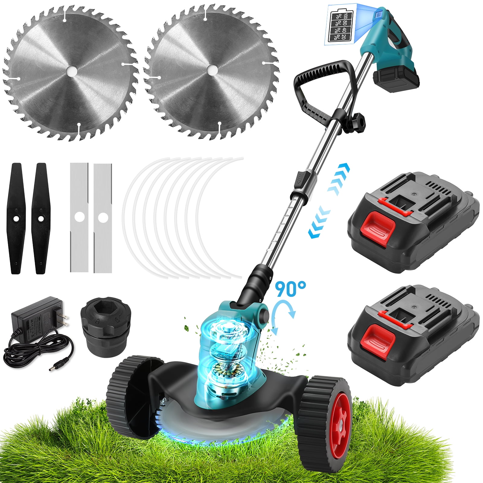 Cordless String Trimmer & Edger Weed Eater, Electric Weed Wacker,Powerful Grass String Trimmer Cutter with 2 Battery, Weed Eater for Backyard,Garden,Lawn Weed Trimming Edging