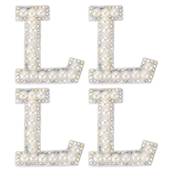 Uxcell Pearl Letter Patches, 4 Pcs White Chenille Letter Glitter Rhinestone Alphabet Applique Cloth Patches Iron on for Clothing Jacket Backpack Hat, L
